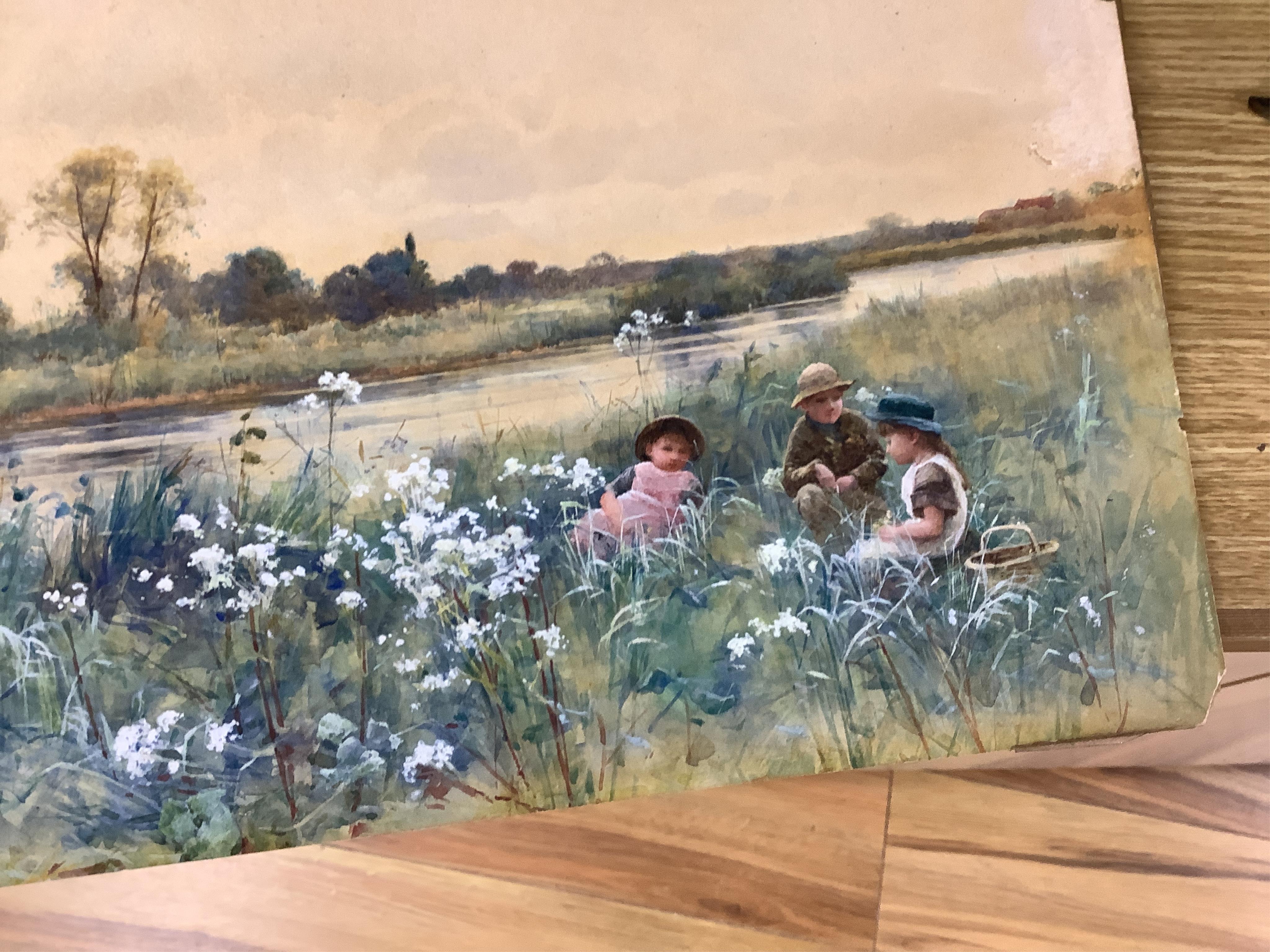 Hector Caffieri RI, RBA (1847-1932) Children at a riverside, signed, watercolour heightened with white, 25 x 38cm, housed in a gilt frame